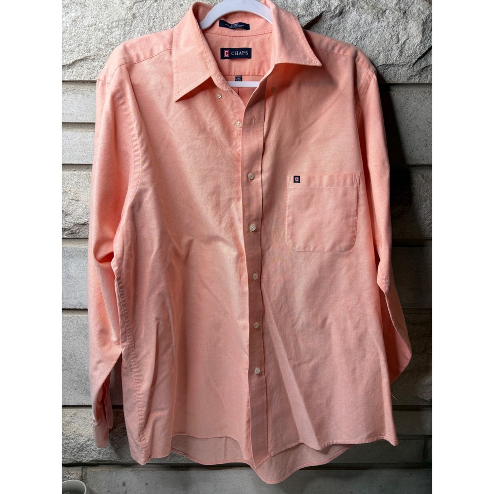 Chaps Mens Peach Oxford Shirt Long Sleeve Wrinkle Free Button Down Large 16-16.5